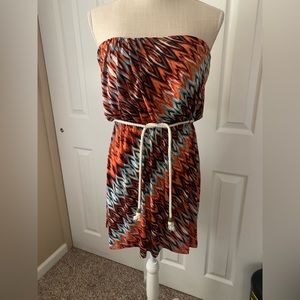 Strapless dress multi colored with cord belt